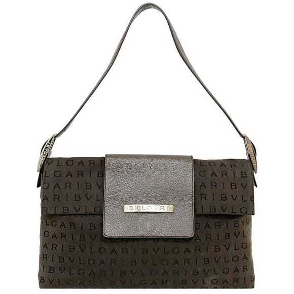 Bvlgari Bag Brown Mania Canvas Leather BVLGARI One Shoulder Handbag Flap Plate